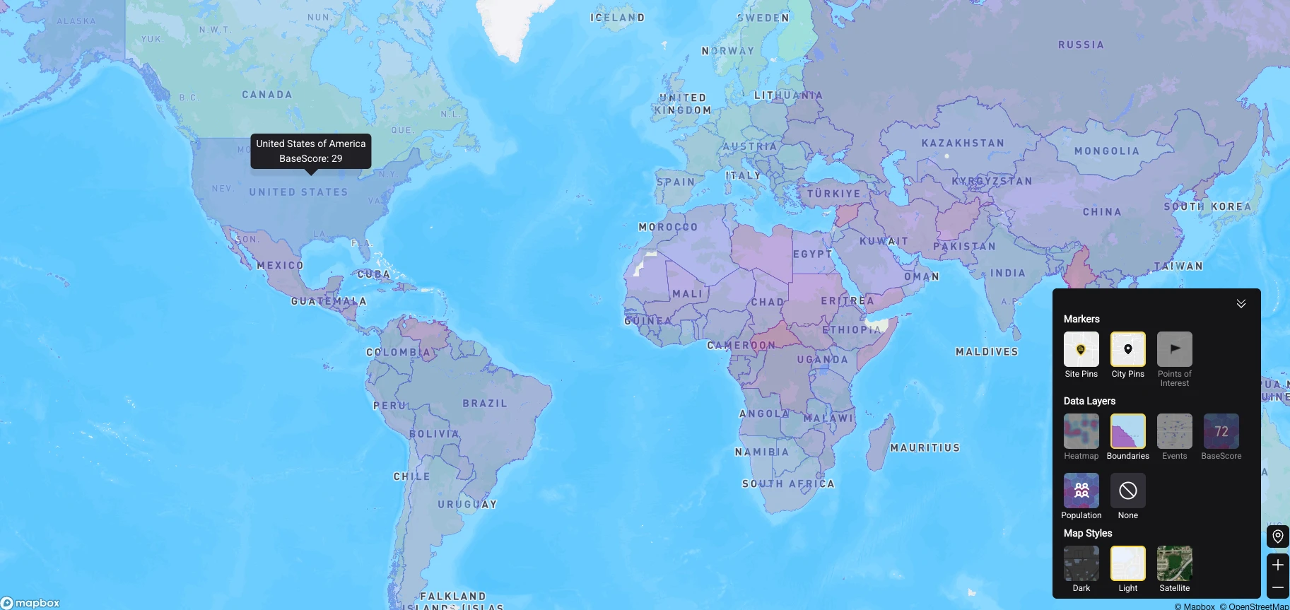 Global view with the Boundaries layer active, shading countries by Country BaseScore