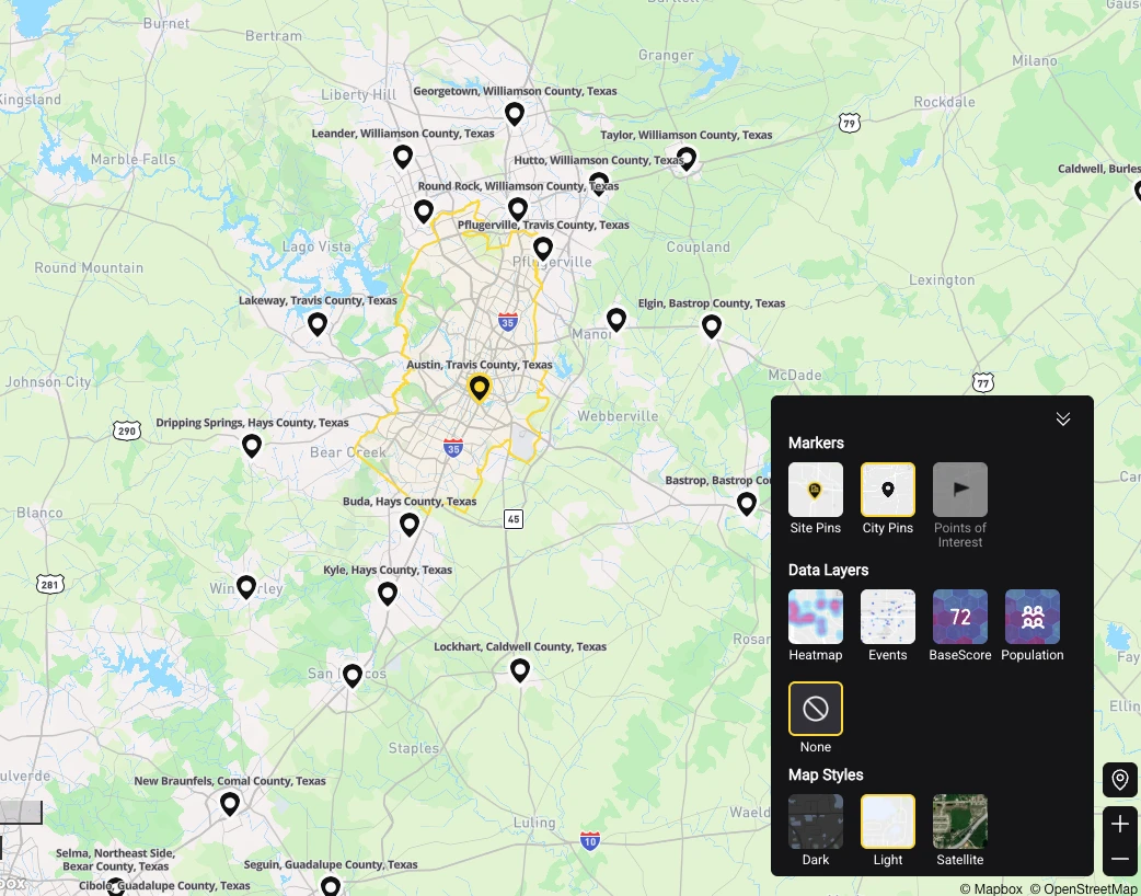 Map with City Pins active across a metro region