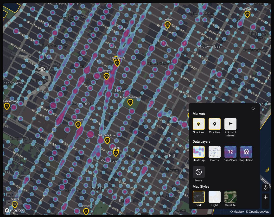 Data layers panel — Heat Map, Events, BaseScore