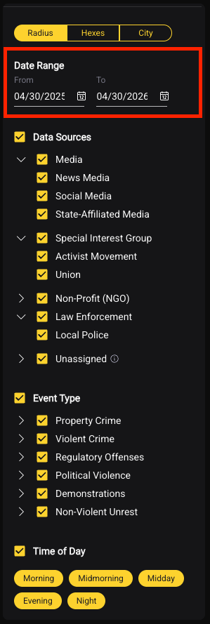 Date range filter expanded