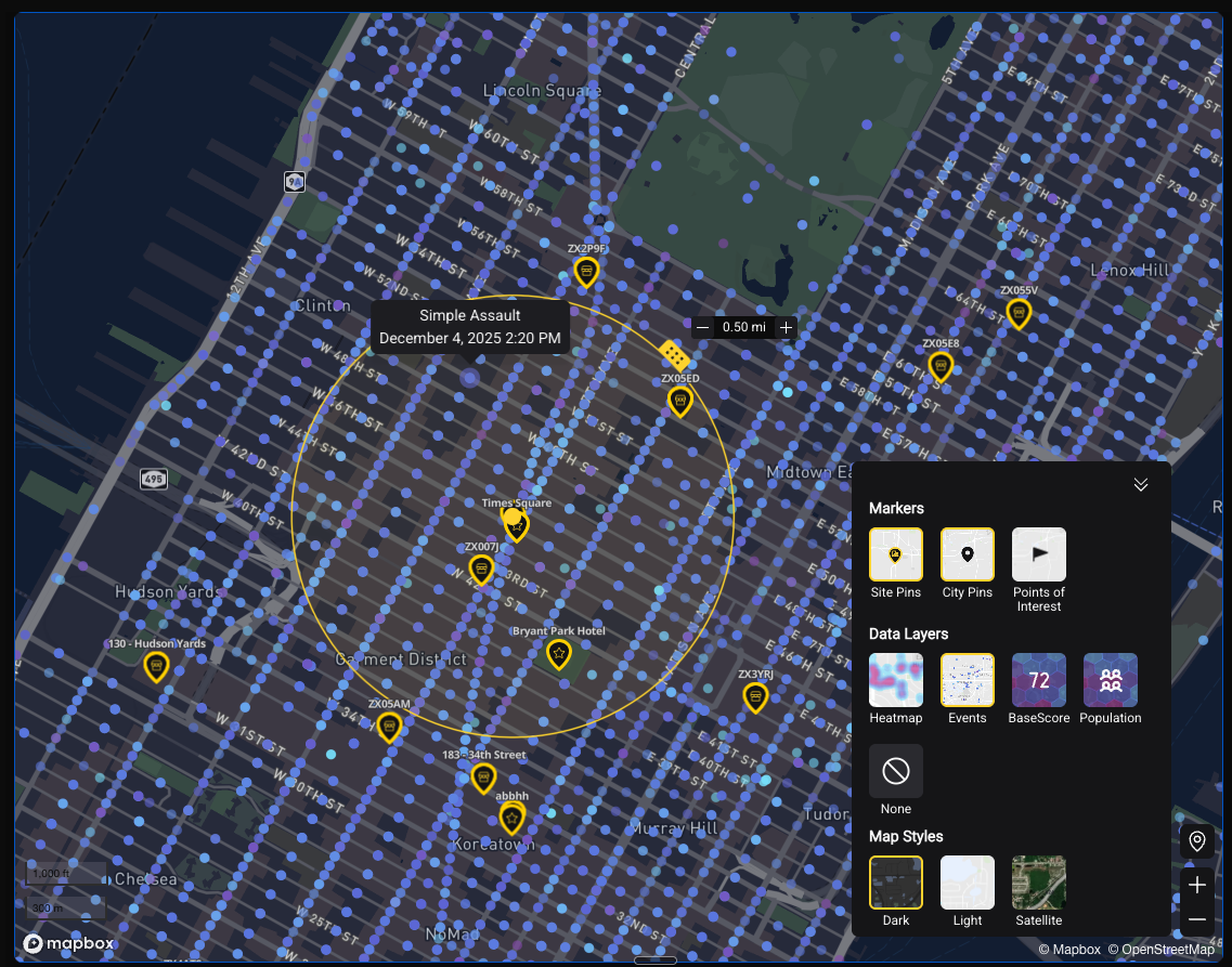 Map with Events data layer active — individual incident markers plotted on the map