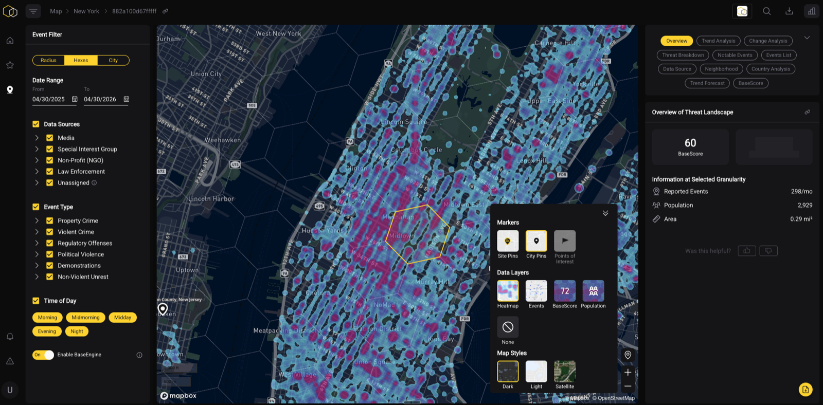 Map in Hex view with color-coded BaseScores