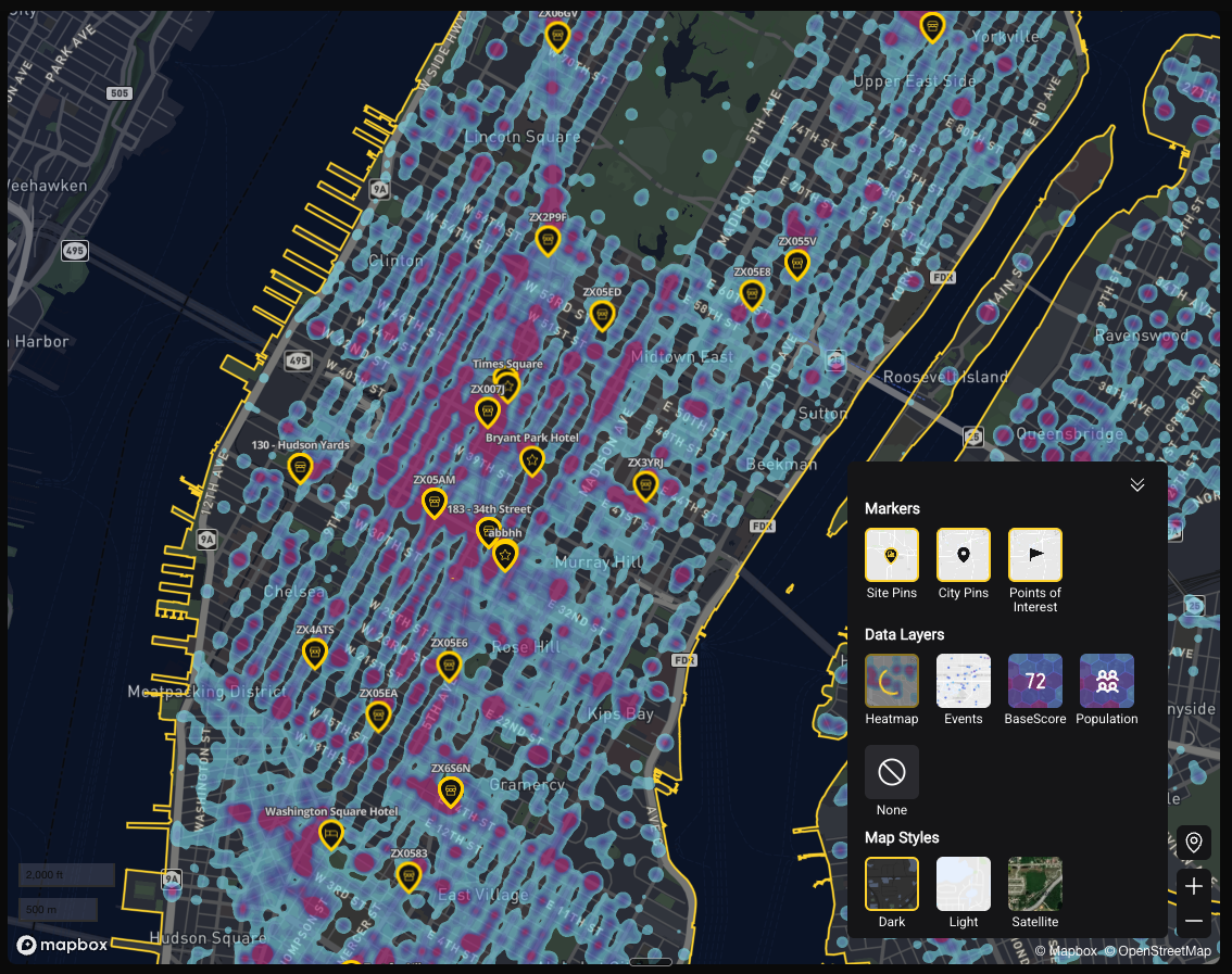 Location layers panel — Site Pins, City Pins, Points of Interest