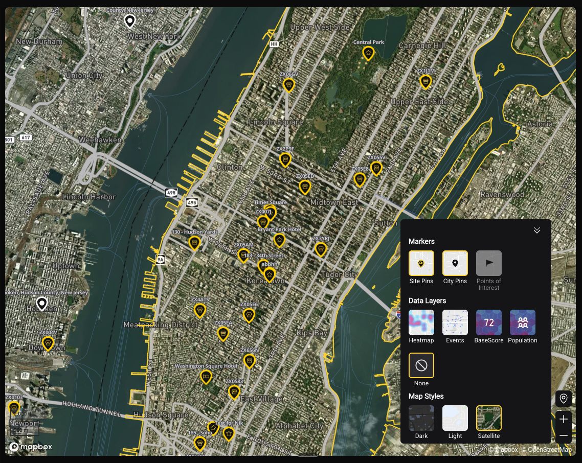 Map style toggle — Light, Dark, Satellite