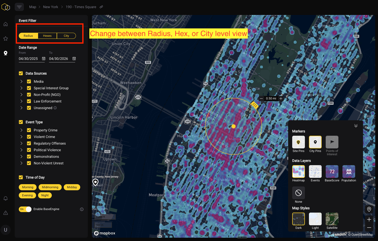 View toggle — Radius, Hex, City